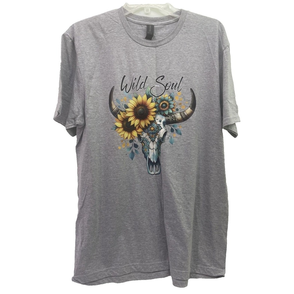 Gildan Softstyle Graphic T-Shirt Large Gray Excellent Wild Soul Bull Skull  Boho